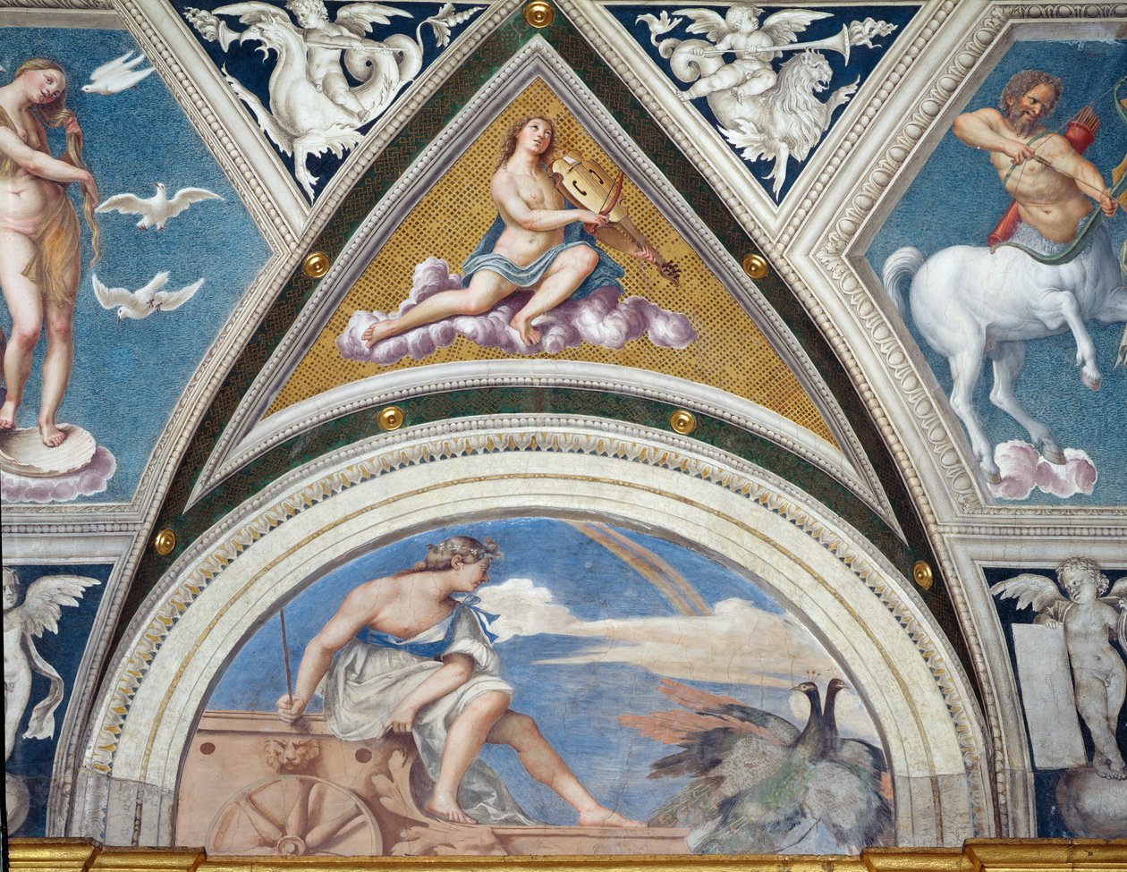 The Loggia della Galatea Loggia of the Galatea تفاصيل زخرفة القبو التي تصور جونو على مركبتها وعازف الكمان ، 1506 فريسكو بواسطة سيباستيانو ديل بيومبو