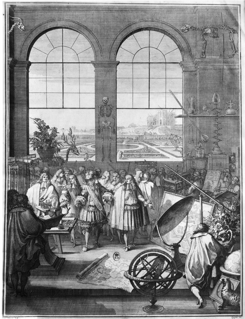 لويس الرابع عشر (1638-1715) وحاشيته يزورون الأكاديمية الملكية للعلوم بعد عام 1665 بواسطة سيباستيان الأول لو كليرك