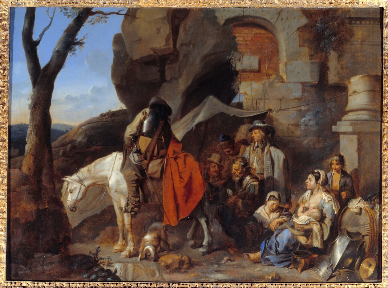توقف الجنود ، المعروف سابقًا باسم Halte de bohemiens لوحة لسيباستيان بوردون (1616-1671) القرن السابع عشر. 0،43x0،58 م بواسطة سيباستيان بوردون