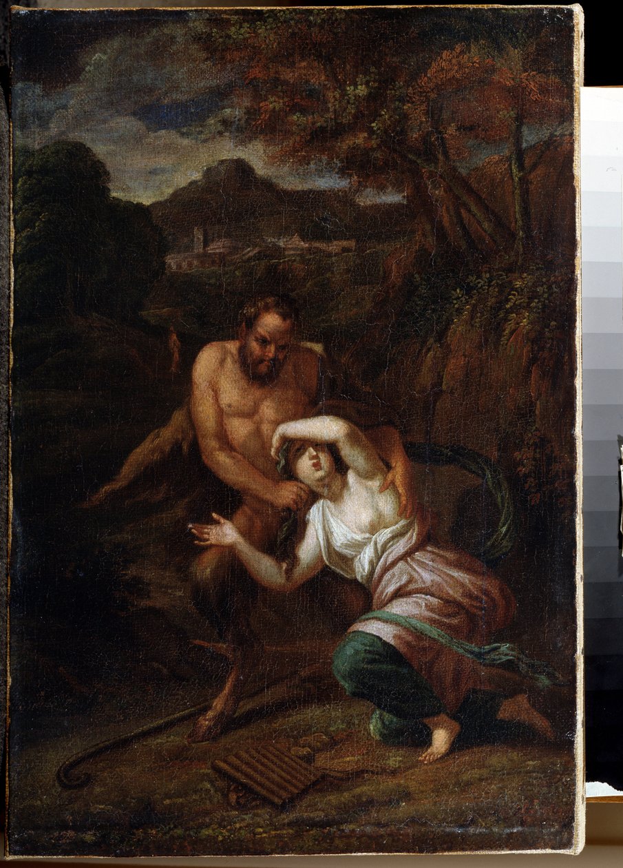 "Pan et la nymphe Syrinx" (Pan and Nymph Syrinx) لوحة لسيباستيان بوردون (1616-1671) قصر غاتشينا ، سانت بطرسبرغ ، متحف الدولة في الهواء الطلق في القرن السابع عشر بواسطة سيباستيان بوردون