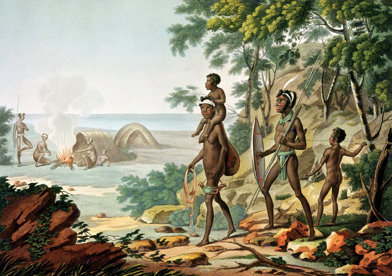 بورت جاكسون ، نيو هولاند: عائلة السكان الأصليين ، من &39;Voyage Autour du Monde sur les Corvettes de L&39;Uranie&39; محفورة من قبل Boisseau و Forget ، تم نشره 1817-20 بواسطة سيباستيان ليروي