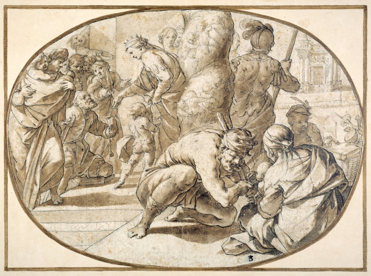 A Queen distributing alms to a crippled beggar in the temple at Jerusalem, early 17th century (pen & brown ink with brown wash) بواسطة المدرسة الثانية في فونتينبلو