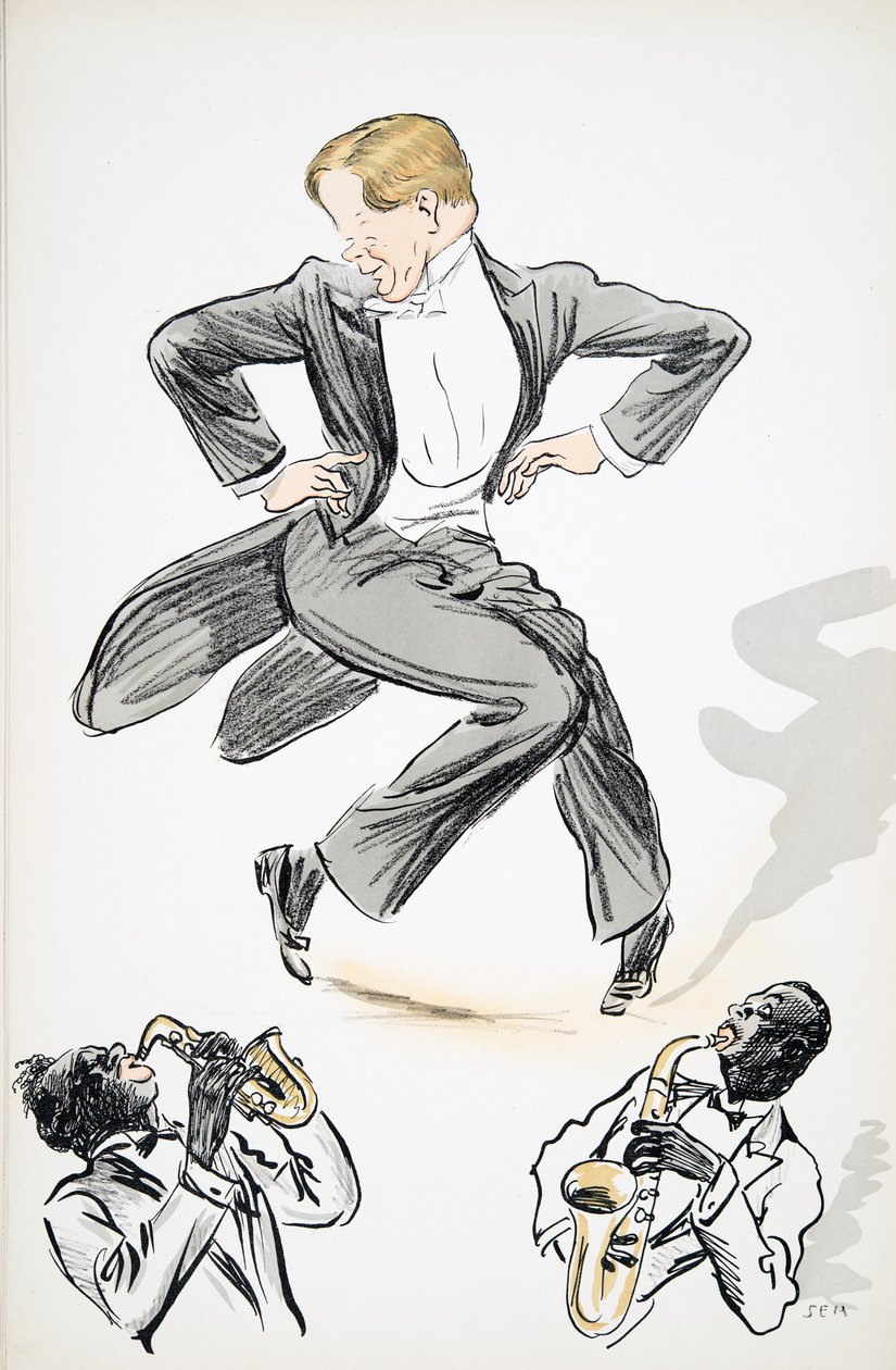 رجل في ذيول ورقصات بيضاء تربط موسيقيين يعزفان على الساكسفون ، من White Bottoms ، حانة. 1927 (طباعة كتلة ملونة) بواسطة سيم