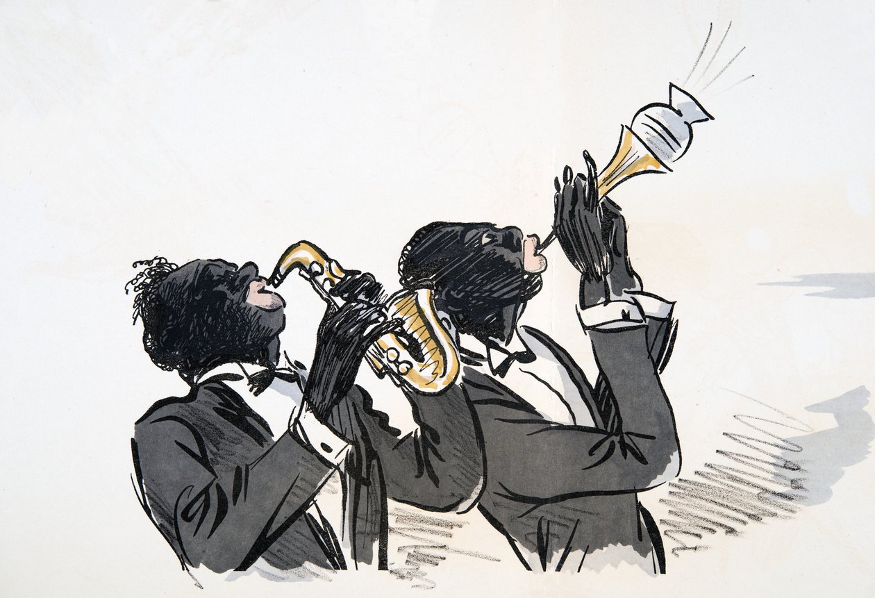 عازف الساكسفون والبوق ، من White Bottoms ، حانة. 1927 (طباعة كتلة ملونة) بواسطة سيم