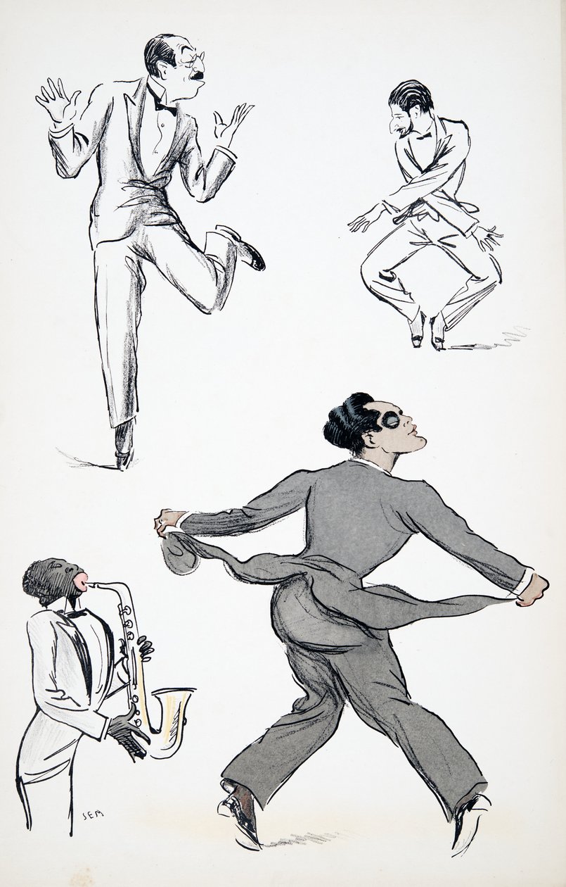 يقوم ثلاثة رجال في Black Tie بأداء التحركات من تشارلستون إلى ساكسفون ، من White Bottoms ، حانة. 1927 (طباعة كتلة ملونة) ، من White Bottoms ، حانة. 1927 (طباعة كتلة ملونة) بواسطة سيم