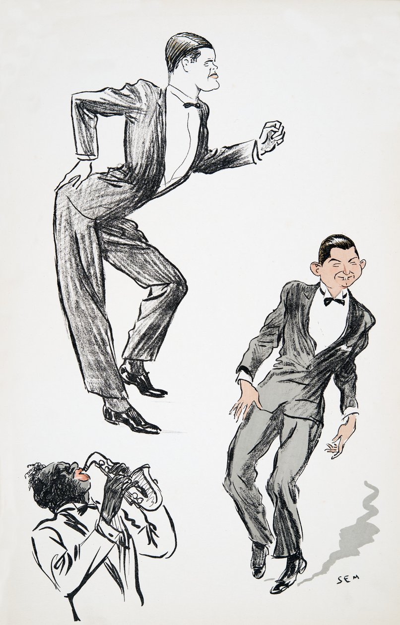 رجلان يرتديان ربطة عنق سوداء يرقصان على موسيقي على الساكسفون من White Bottoms ، حانة. 1927 (طباعة كتلة ملونة) بواسطة سيم