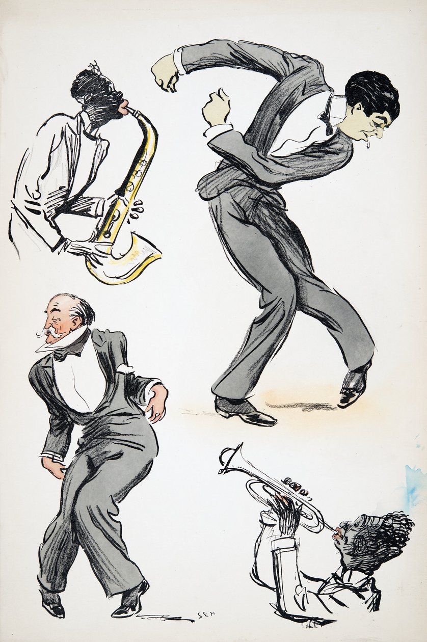رجلان يرتديان ملابس رقص بينما يعزف موسيقيان على الساكسفون والبوق من White Bottoms ، الحانة. 1927 (طباعة كتلة ملونة) بواسطة سيم