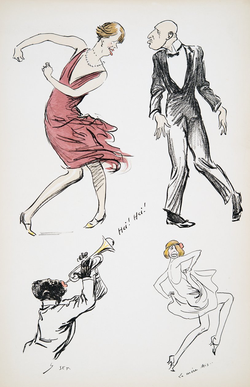 اثنان من متخنثو الجنس ورجل في ربطة عنق سوداء يرقصان على ساكسفون ، من White Bottoms ، حانة. 1927 (طباعة كتلة ملونة) بواسطة سيم
