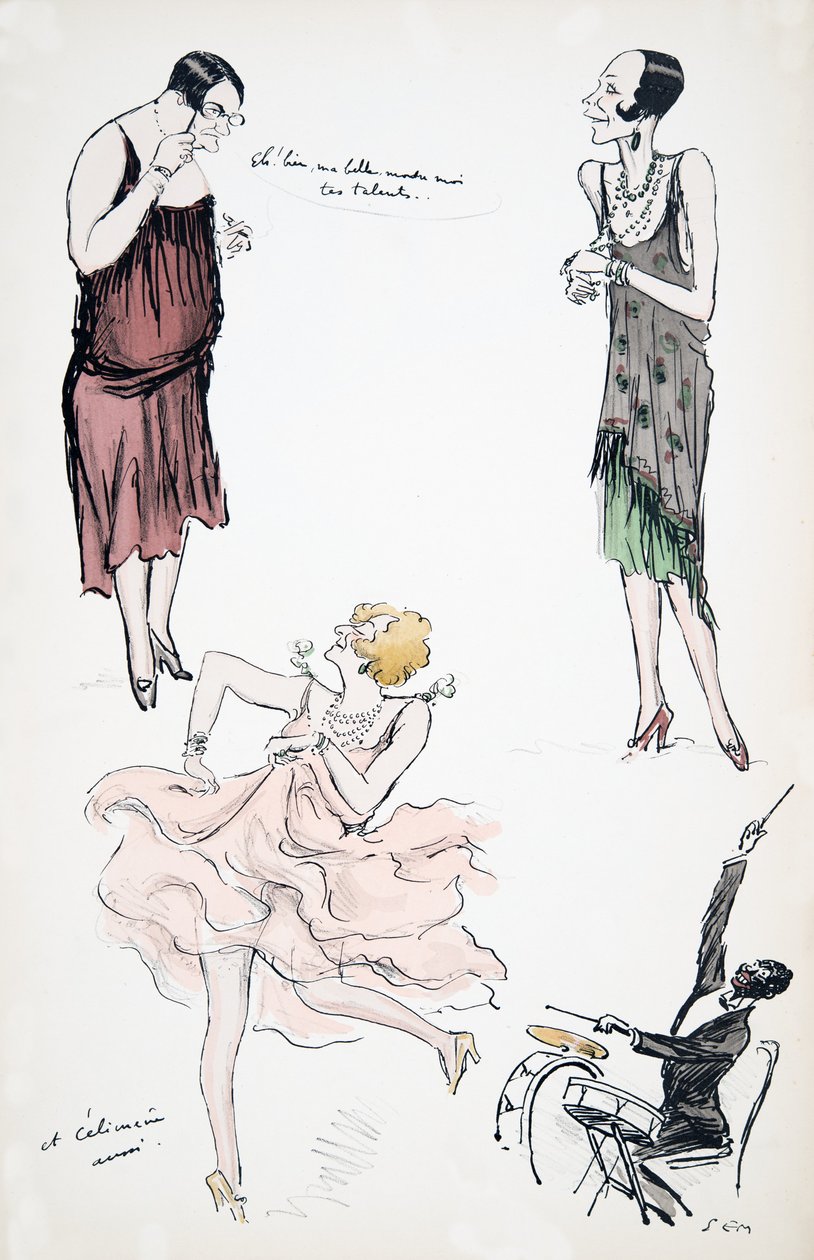 اثنين من المتخنثين في المناقشة بينما يرقص آخر إلى موسيقي على الطبول ، من White Bottoms ، حانة. 1927 (طباعة كتلة ملونة) بواسطة سيم