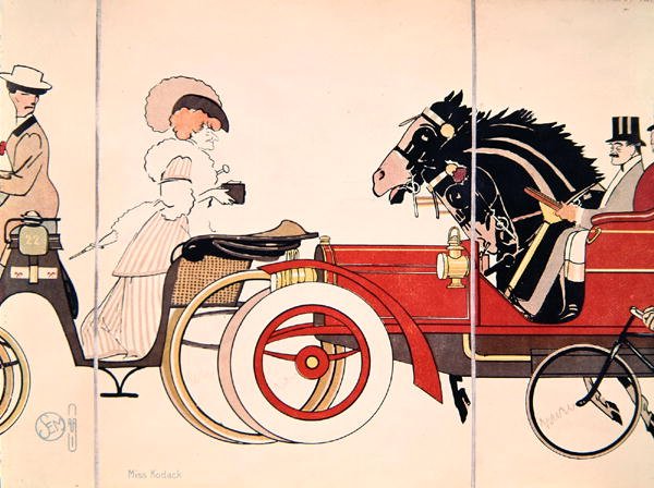 "Miss Kodack" ، رسم توضيحي من ورقة Sem لرسومات "Les Acacias" التي تصور الحياة الاجتماعية الفرنسية ، حوالي عام 1910 (litho litho) بواسطة سيم
