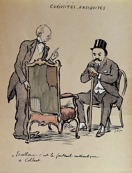 ريتش آرت كوليكتور يتفقد كرسيًا يُزعم أنه مملوك لكولبير. حوالي 1919 (لون ليثو) بواسطة سيم