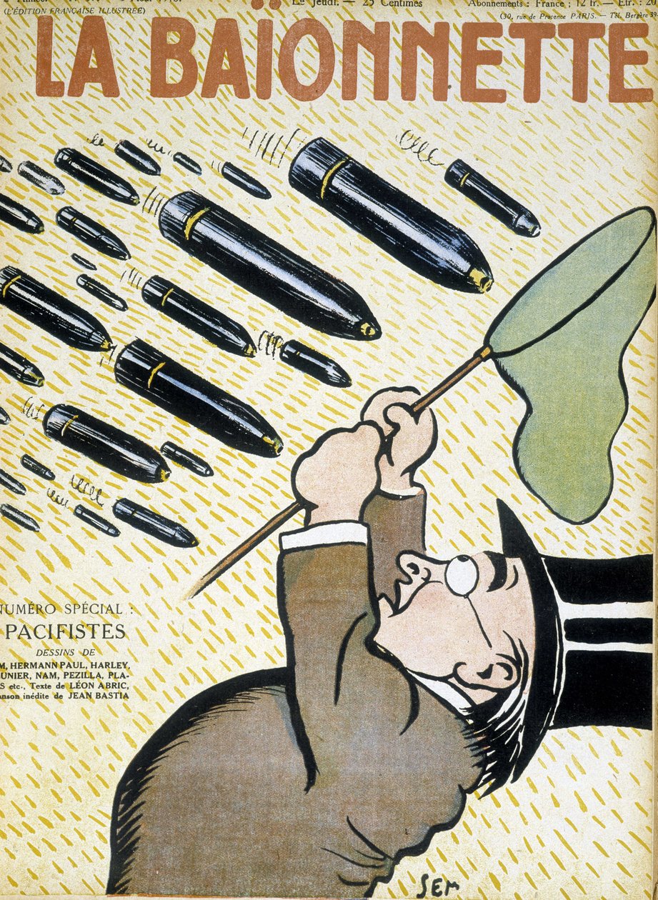 رجل يحاول الإمساك بقذائف بشبكة فراشة - بواسطة سيم (1863 - 1934) ، في "" La Bayonet: les pacifistes "بتاريخ 03/08/1916. بواسطة سيم