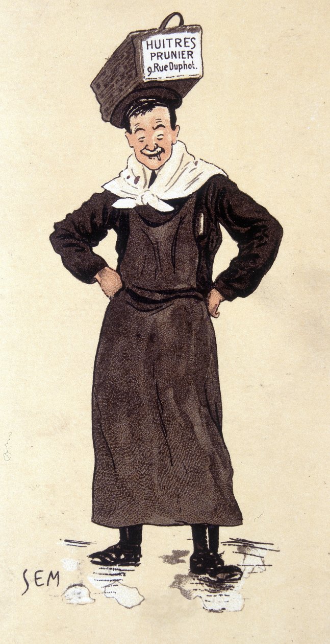 بائع محار من متجر Prunier. وقعت Chromolithography SEM (1863 - 1934). بواسطة سيم