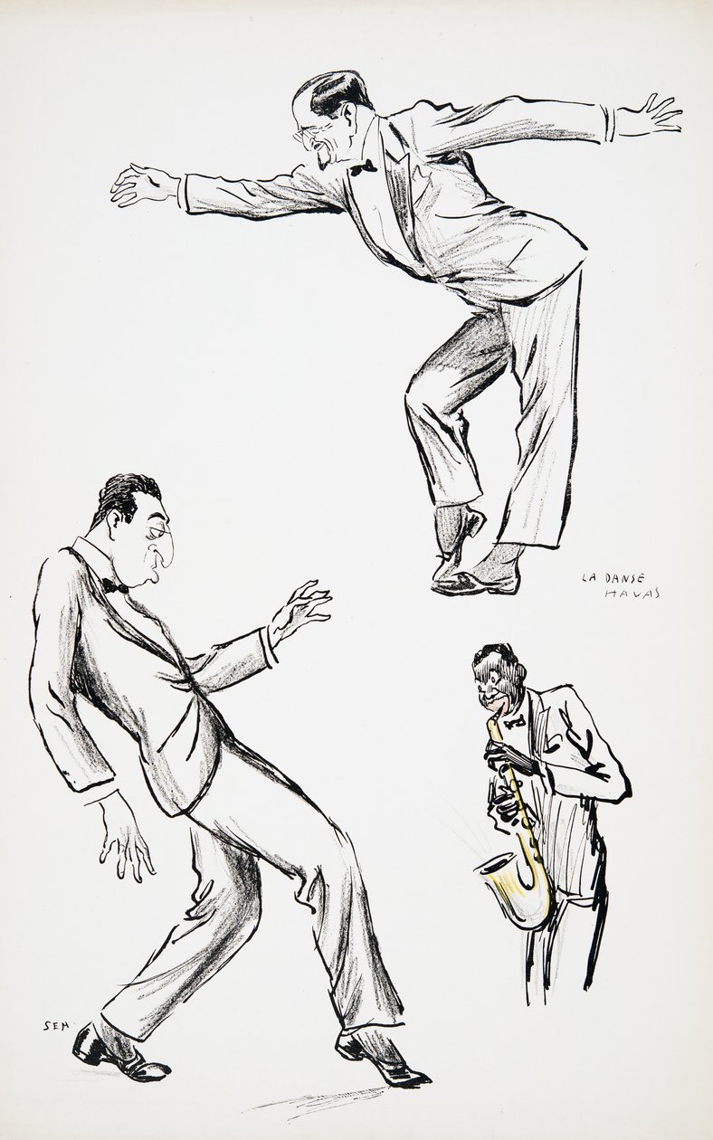 يؤدي رجلان يرتديان ربطة عنق سوداء أداء La Danse Havas إلى الساكسفون ، من White Bottoms ، حانة. 1927 (طباعة كتلة ملونة) ، من White Bottoms ، حانة. 1927 (طباعة كتلة ملونة) بواسطة سيم
