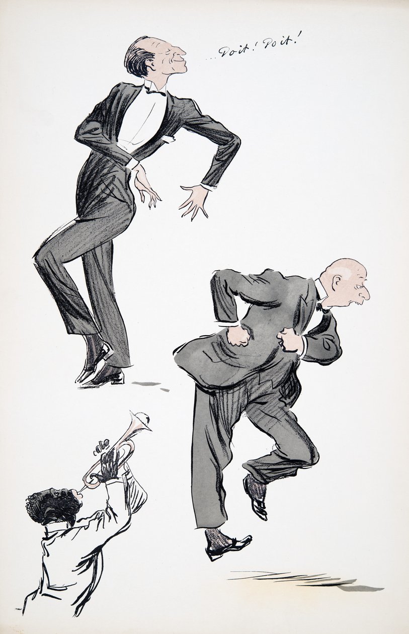 رجلان يرتديان ملابس رقص بينما يعزف موسيقي على البوق من حانة White Bottoms. 1927 (طباعة كتلة ملونة) بواسطة سيم