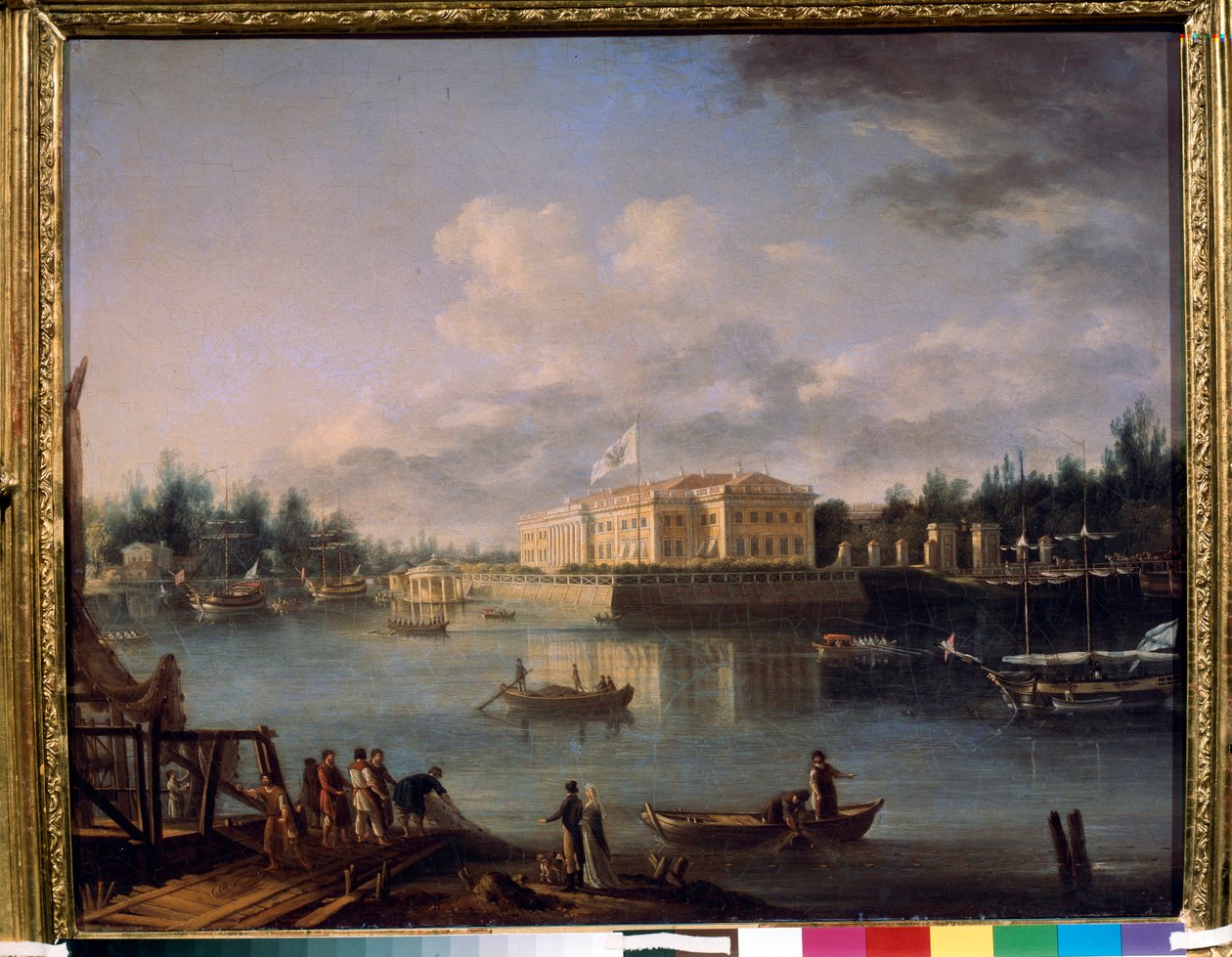 منظر لقصر Kamennoostrovsky من Strogonov Embankment ، سانت بطرسبرغ. لوحة سيميون فيودوروفيتش شيشيدرين (سيميون شيدرين) (1745-1804) ، زيت على قماش بواسطة السائل المنوي فيدوروفيتش شيدرين