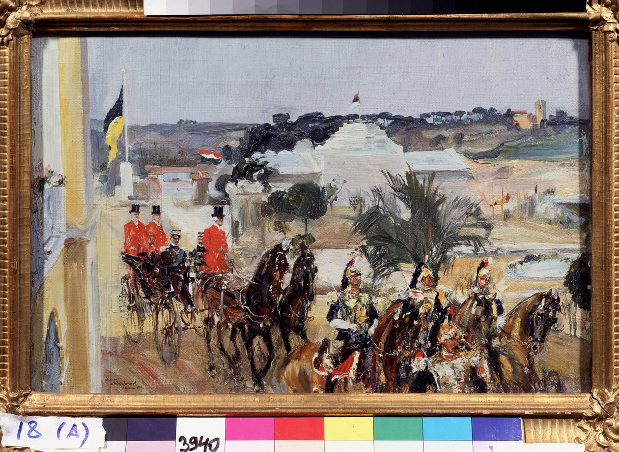 فيكتور إيمانويل الثالث ملك إيطاليا (فيتوريو إيمانويل دي سافويا) (1869-1947) ، زار معرض روما الدولي عام 1911 (فيكتور عمانويل الثالث ، ملك إيطاليا يزور معرض روما الدولي عام 1911). القافلة الملكية أمام بواسطة السائل المنوي غافريلوفيتش نيكيفوروف