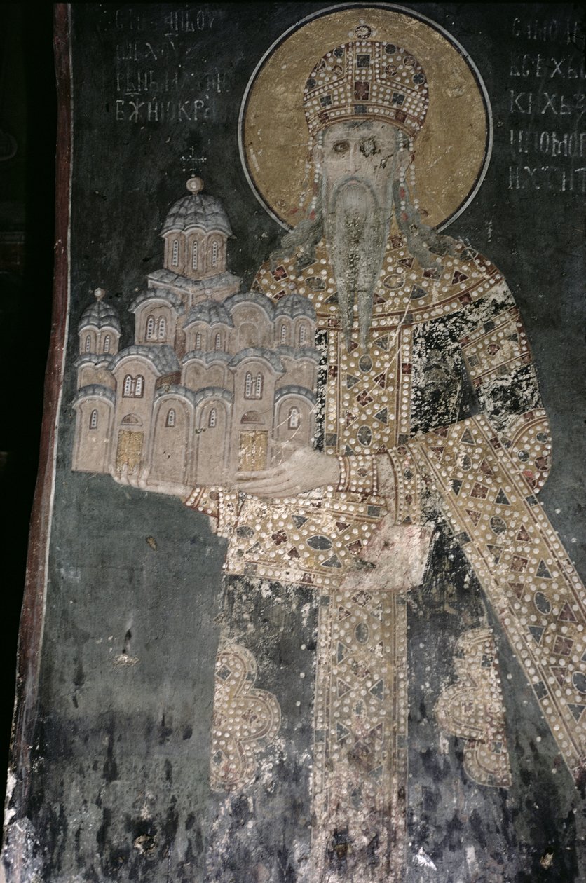 الملك ستيفن أوروس الثاني ميلوتين (حكم 1282-1321) مع نموذج للكنيسة ، 1311-21 بواسطة المدرسة الصربية