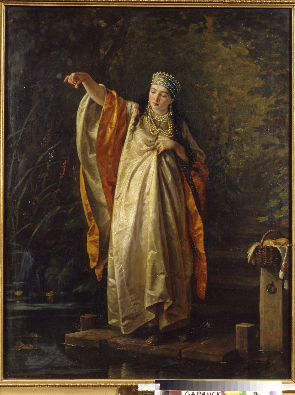 امرأة Boyar (Boyar ، Boyar) في الخزان لتغذية الأسماك. (زوجة Boyards في الخزان). لوحة لسيرجي إيفانوفيتش غريبكوف (1820-1893) ، زيت على قماش بواسطة سيرجي إيفانوفيتش جريبكوف