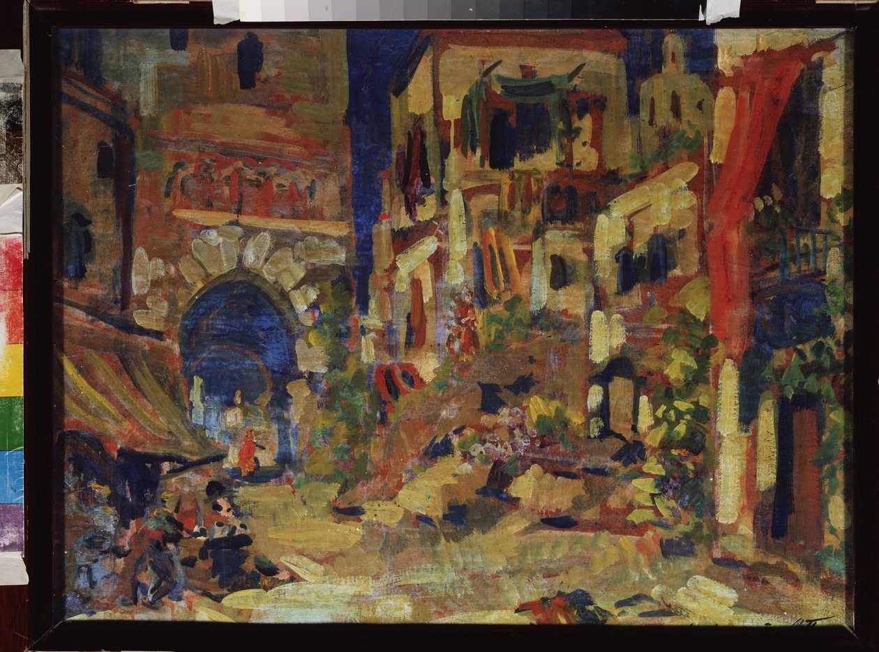 منظر لشارع. ديكور تحضيري لأوبرا دون كيشوت لجول ماسينيت (1842-1912). لوحة لسيرجي إيفانوفيتش بتروف (1881-1936) ، زيت على قماش. فن السينوغرافيا الروسي ، القرن العشرين. State Central M. متحف Glinka للموسيقى ، موسكو. بواسطة سيرجي إيفانوفيتش بتروف
