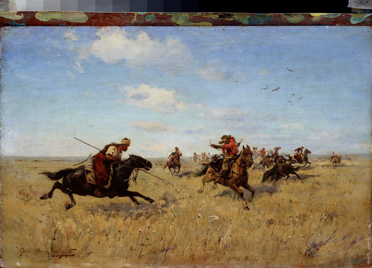 القتال بين قوزاق دنيبر والتتار - لوحة لسيرجي إيفانوفيتش فاسيلكوفسكي (1854-1917)، زيت على قماش بواسطة سيرجي إيفانوفيتش فاسيلكوفسكي