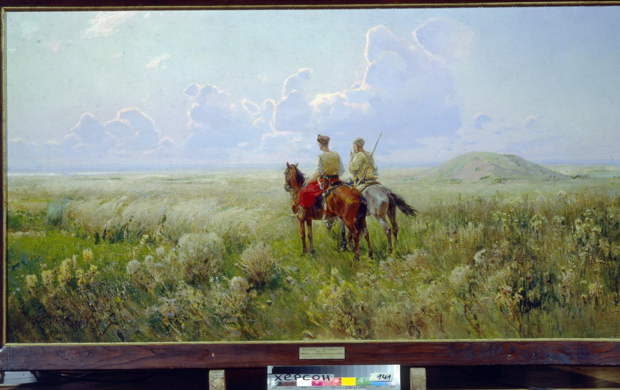 القوزاق في السهوب (القوزاق في السهوب) - رسم لسيرجي إيفانوفيتش فاسيلكوفسكي (1854-1917) ، زيت على قماش ، حوالي عام 1900 - متحف الفن الإقليمي ، خيرسون (أوكرانيا) بواسطة سيرجي إيفانوفيتش فاسيلكوفسكي