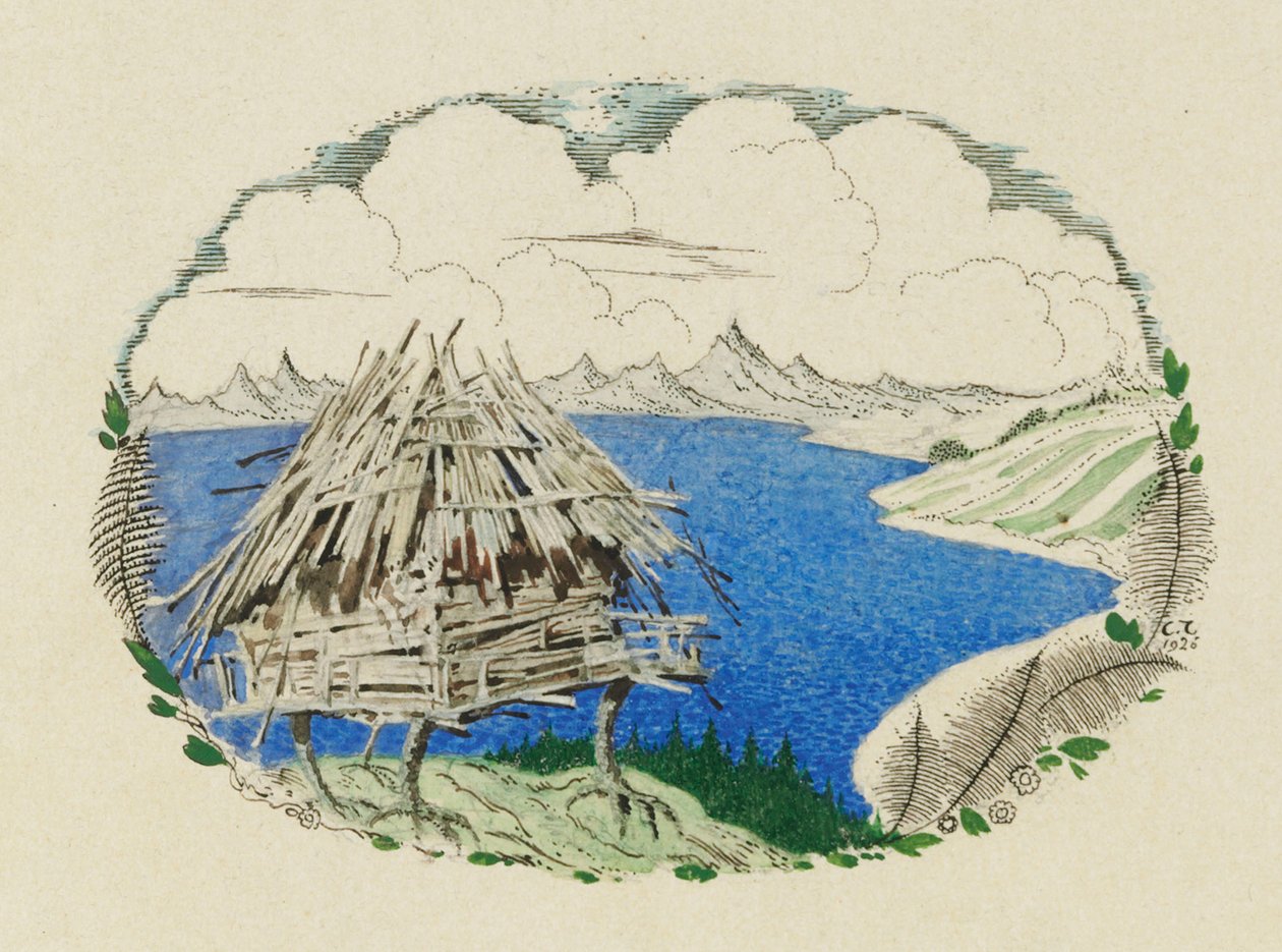 الكوخ على أرجل الدجاج. رسم توضيحي لقصيدة رسلان وليودميلا بقلم أ. بوشكين ، 1921-1926. بواسطة سيرجي فاسيليفيتش شيخونين