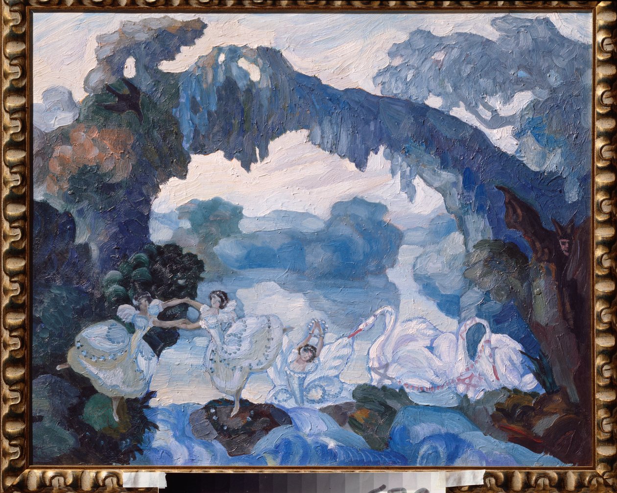 ديكور تحضيري لرقصة الباليه "Le Lac des Cygnes" لـ Piotr Tchaikovsky (1840-1893) (تصميم مسرحي لفرقة Ballet The Swan Lake لتشايكوفسكي) - عمل سيرجي سوديكين (سيرج سوديكين) (1882-1946) ، زيت على ورق مقوى بواسطة سيرجي يوريفيتش سوديكين