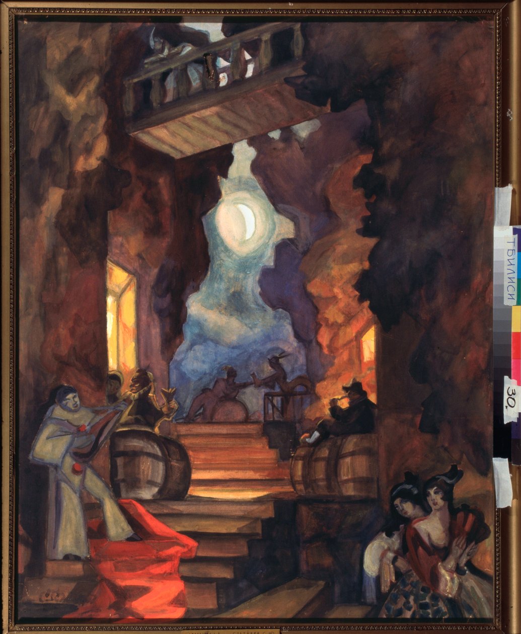 تصميم المسرح لعرض التمثيل الصامت وشاح كولومبينا بواسطة A Schnitzler - عمل بواسطة Sergei Yurievich Sudeykin (Serge Soudeikine) (1882-1946) ، تمبرا سو بواسطة سيرجي يوريفيتش سوديكين