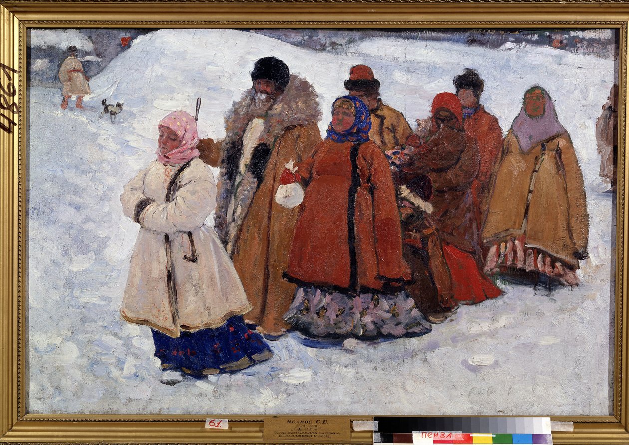 عائلة. عائلة روسية تمشي في معاطف في الثلج. لوحة لسيرجي فاسيليفيتش إيفانوف (1864-1910) ، زيت على قماش بواسطة سيرجي فاسيليفيتش إيفانوف