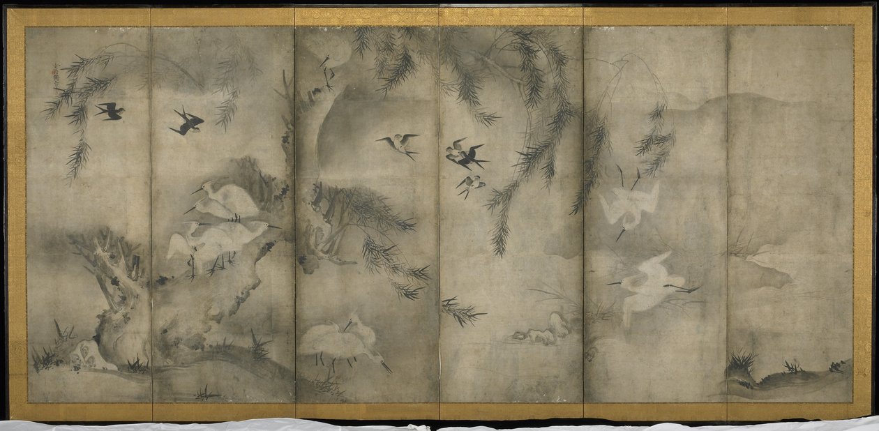 Willow ، Egrets in Plum and Willow ، شاشة قابلة للطي من ست لوحات (حبر على ورق) بواسطة سيسون شكى