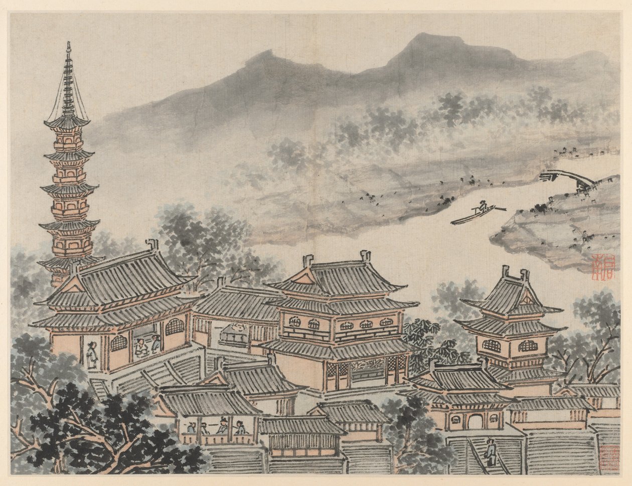 اثنا عشر مناظر لـ Tiger Hill ، Suzhou: The Thousand Buddha Hall and Pagoda ، بعد عام 1490. بواسطة شين تشو