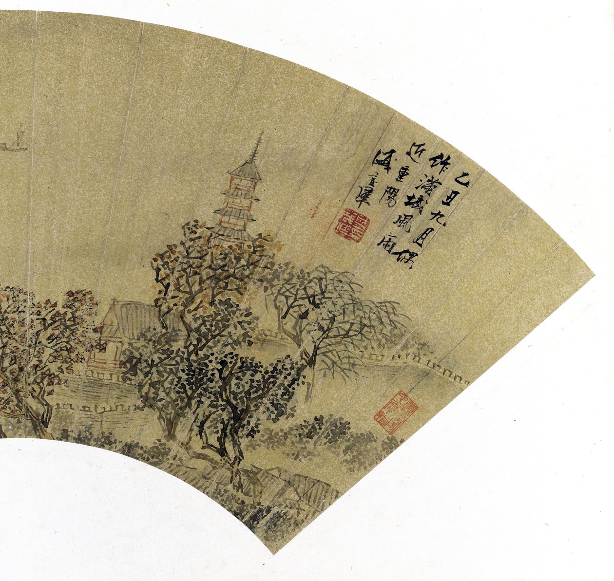 تفاصيل المناظر الطبيعية مع معبد ، منازل وقوارب ، 1625 (حبر وألوان على ورق ذهبي) بواسطة شنغ موي