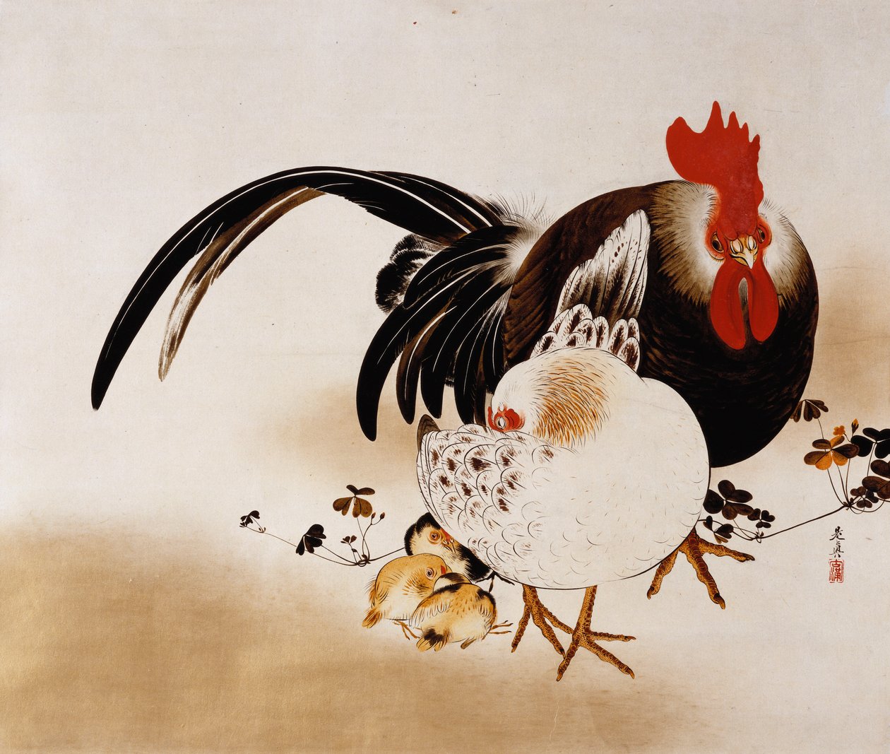 Cockerel ، Hen and Chicks ، 1892 بواسطة شيباتا زيشين