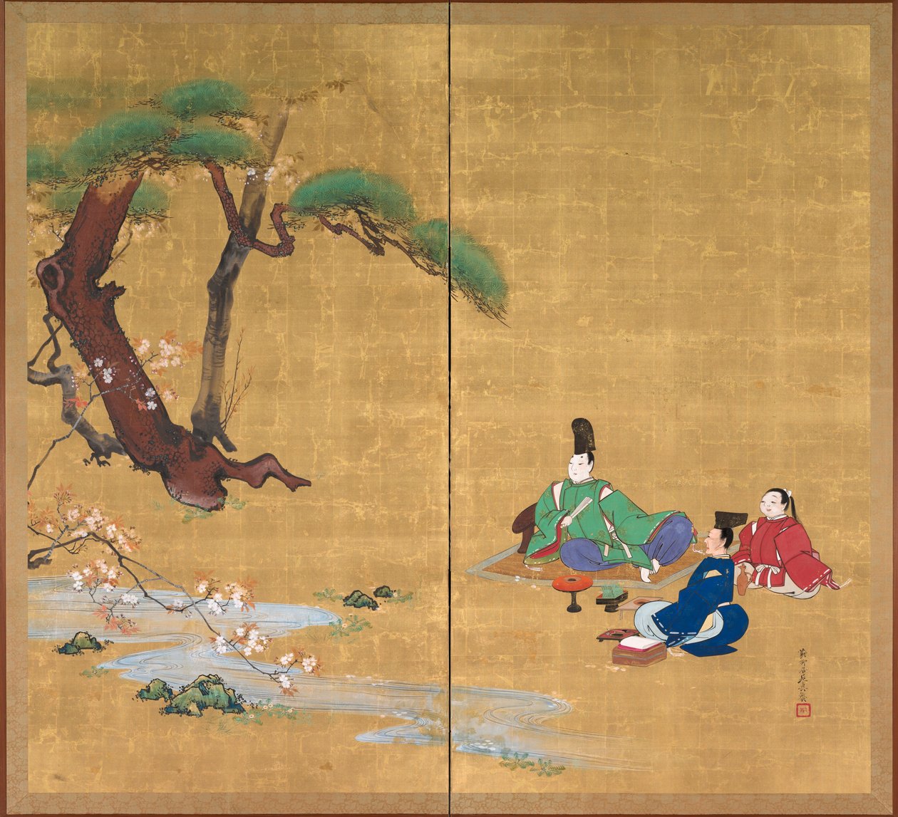 Narihira يشاهد أزهار الكرز ، شاشة قابلة للطي من لوحتين ، أواخر القرن التاسع عشر (حبر ، لون ، ورنيش ، وذهب على الحرير) بواسطة شيباتا زيشين