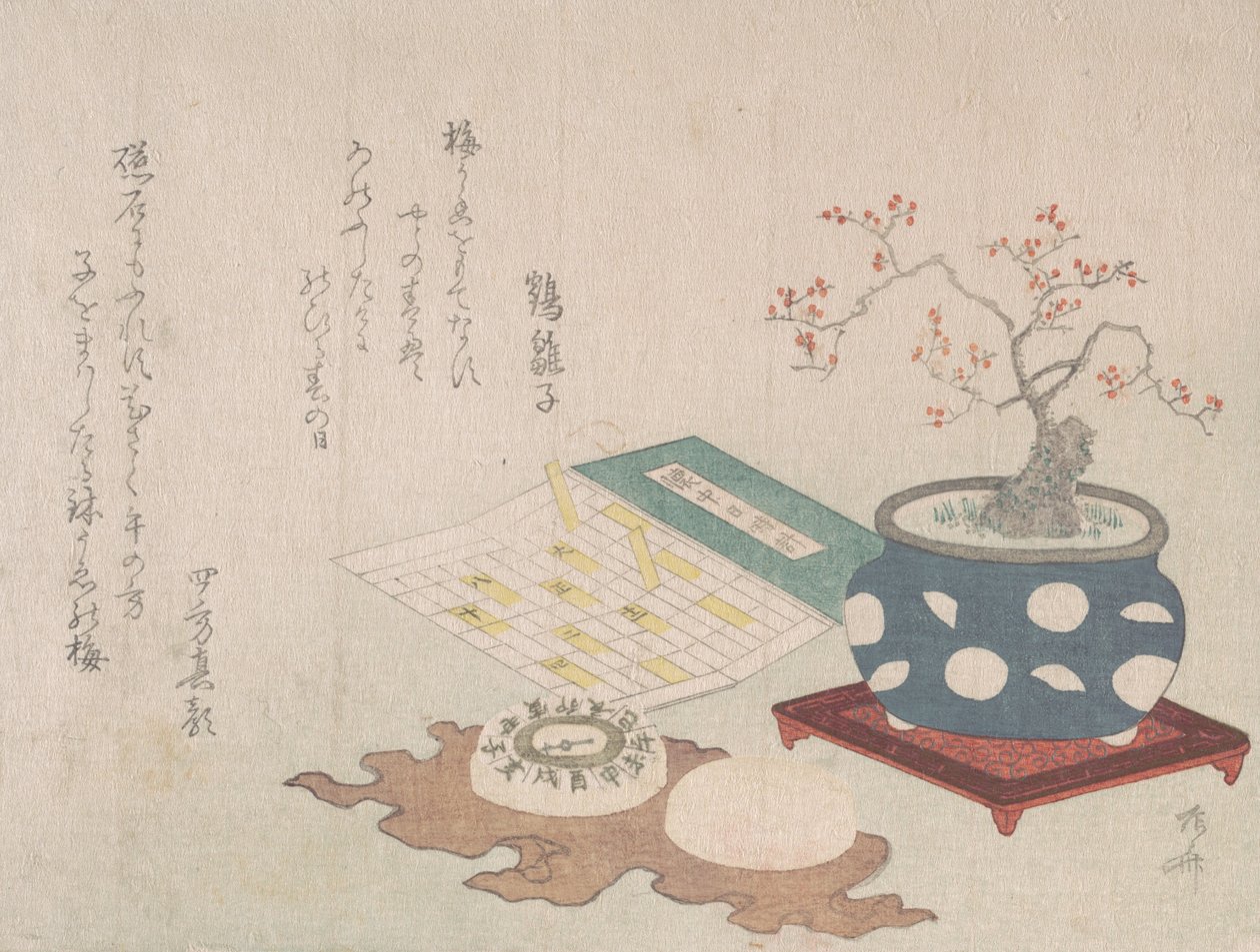 بونساي بلوم ، بوصلة ، ساعة الجيب مع تصميم التقويم ، من Spring Rain Surimon ... ، 1806. بواسطة شينساي