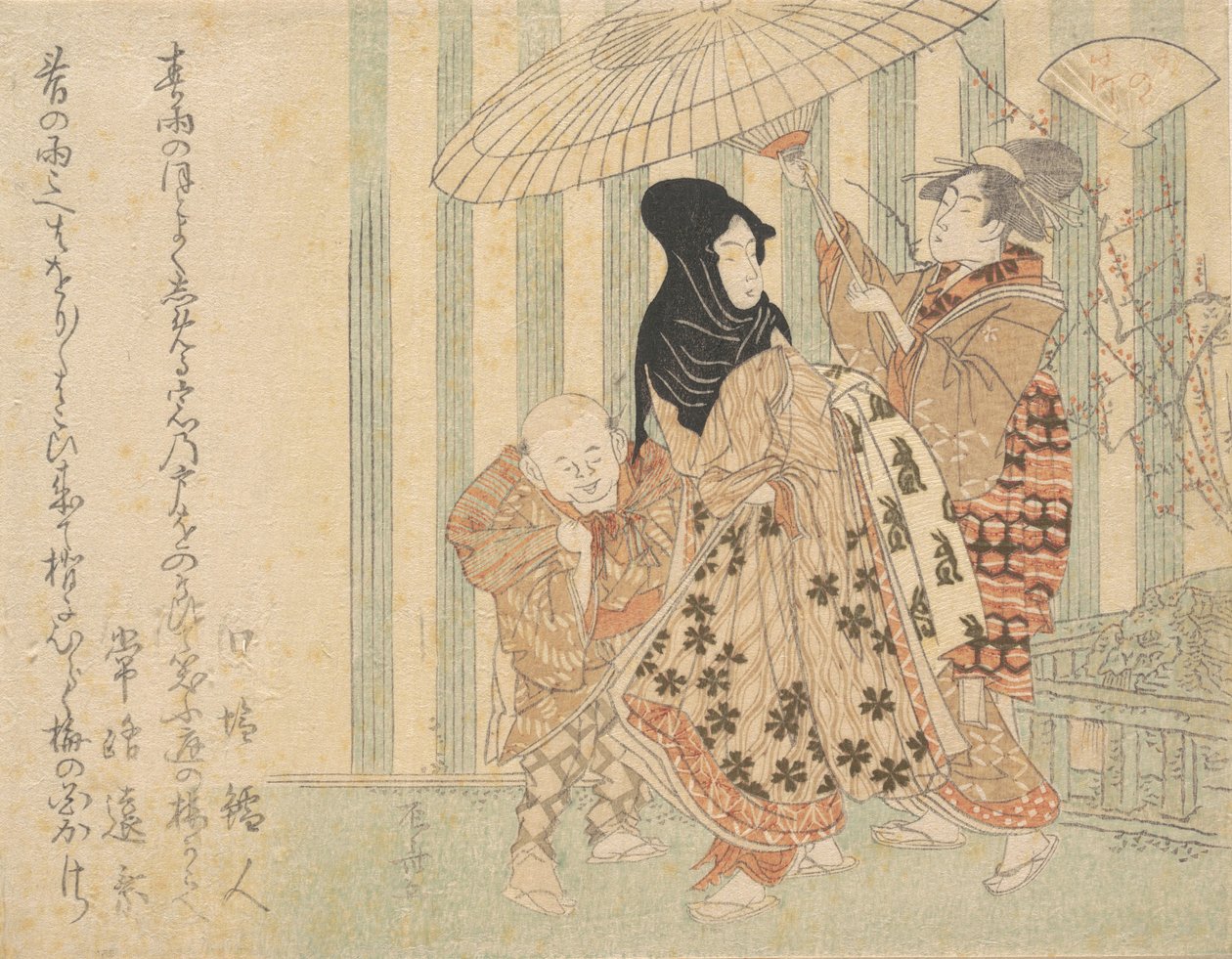 مومس مع الحاضرين ، فتى وخادمة ، تحت المطر تحت مظلة ، كاليفورنيا. 1800. ، كاليفورنيا. 1800. بواسطة شينساي