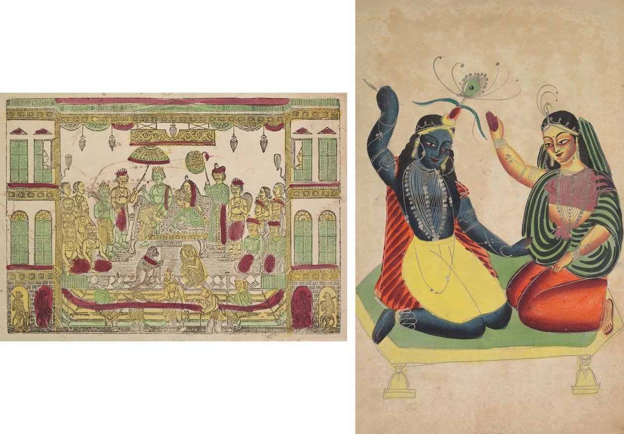 راما وسيتا في القصر الملكي (الصفحة اليمنى) ؛ رادها وكريشنا (ظهر) بواسطة Shri Gobinda Chandra Roy
