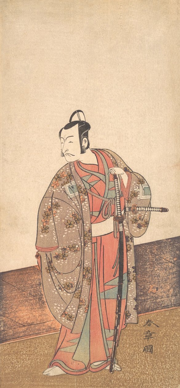 الممثل Ichikawa Danjuro V يقف داخل منزل وأمام engawa ، كاليفورنيا. 1772. بواسطة شونشو