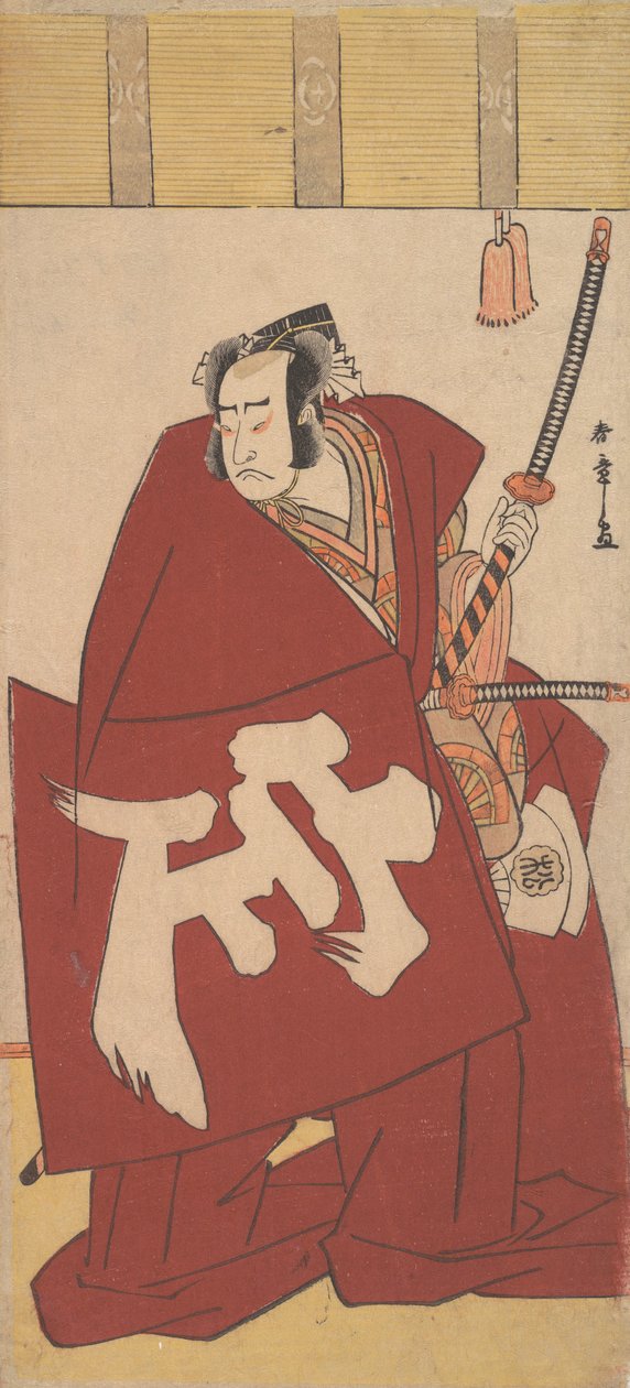 الممثل Onoe Matsusuke في Shibaraku في رداء أحمر عميق ، حوالي 1781. بواسطة شونشو