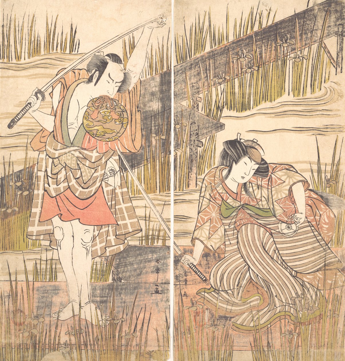 الممثل Onoye Matsusuke مع السيف فوق رأسه بكلتا يديه ، كاليفورنيا. 1778. بواسطة شونشو