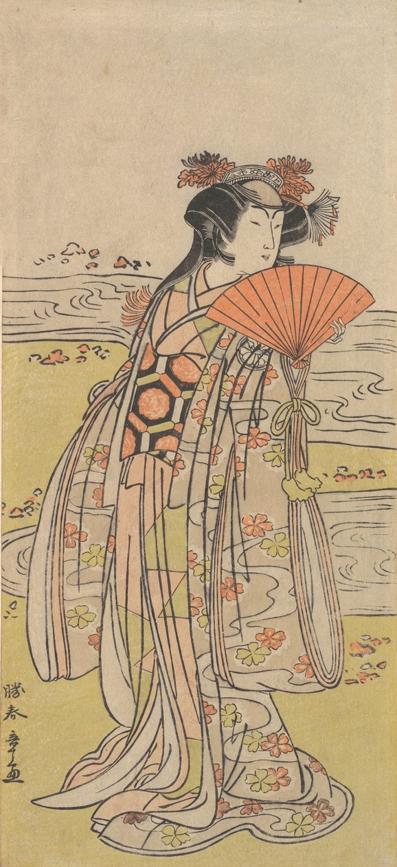 الممثل Segawa Kikunojo III بدور امرأة تقف بالقرب من تيار متعرج ، كاليفورنيا. 1777. بواسطة شونشو