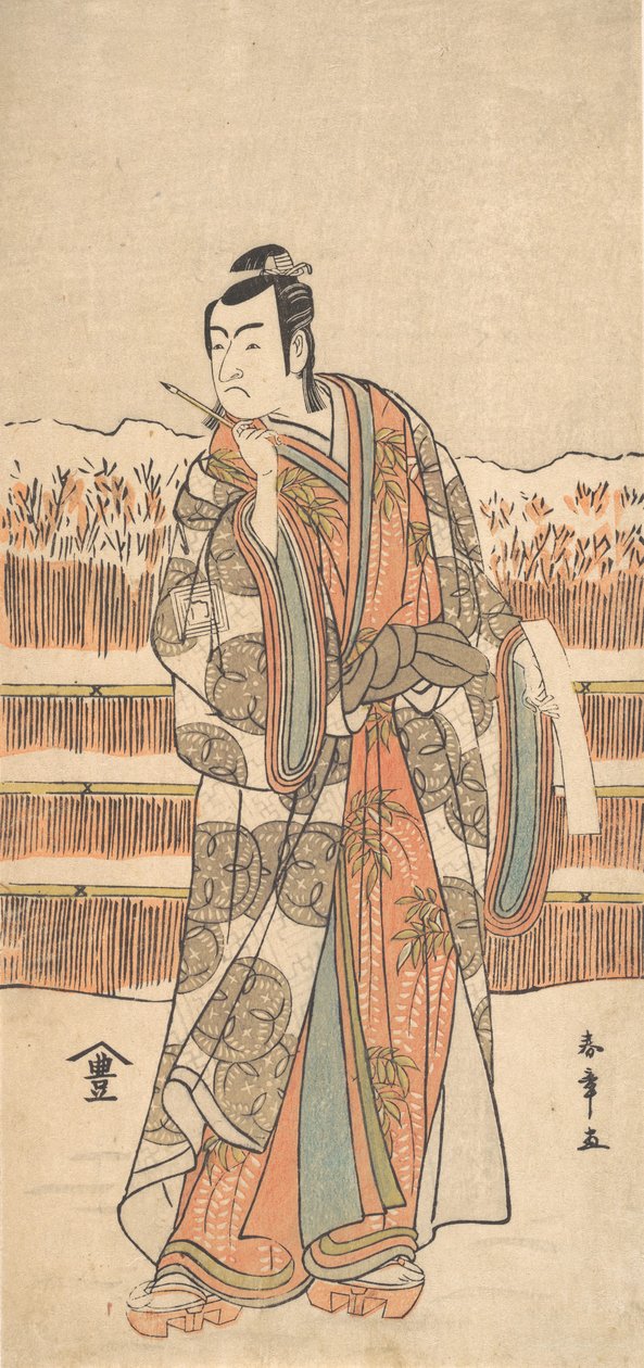 Ichikawa Monnosuke الثاني كرجل من رتبة عالية يقف في الثلج ، كاليفورنيا. 1786-87. بواسطة شونشو