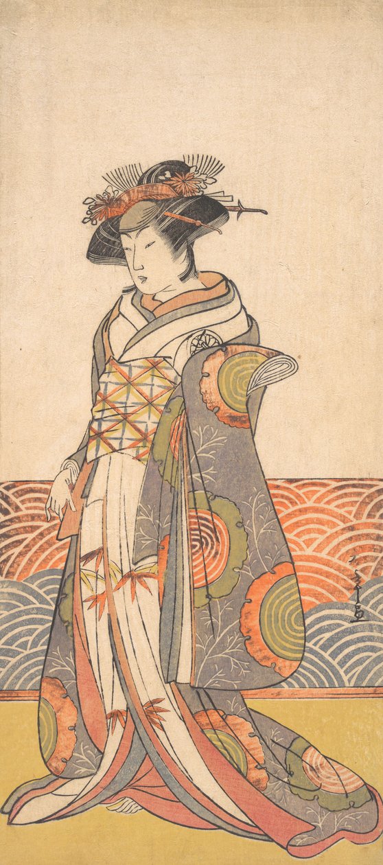 Segawa Kikunojo الثالث بصفته امرأة تقف في غرفة لها دادو على شكل موجة ، كاليفورنيا. 1779. بواسطة شونشو