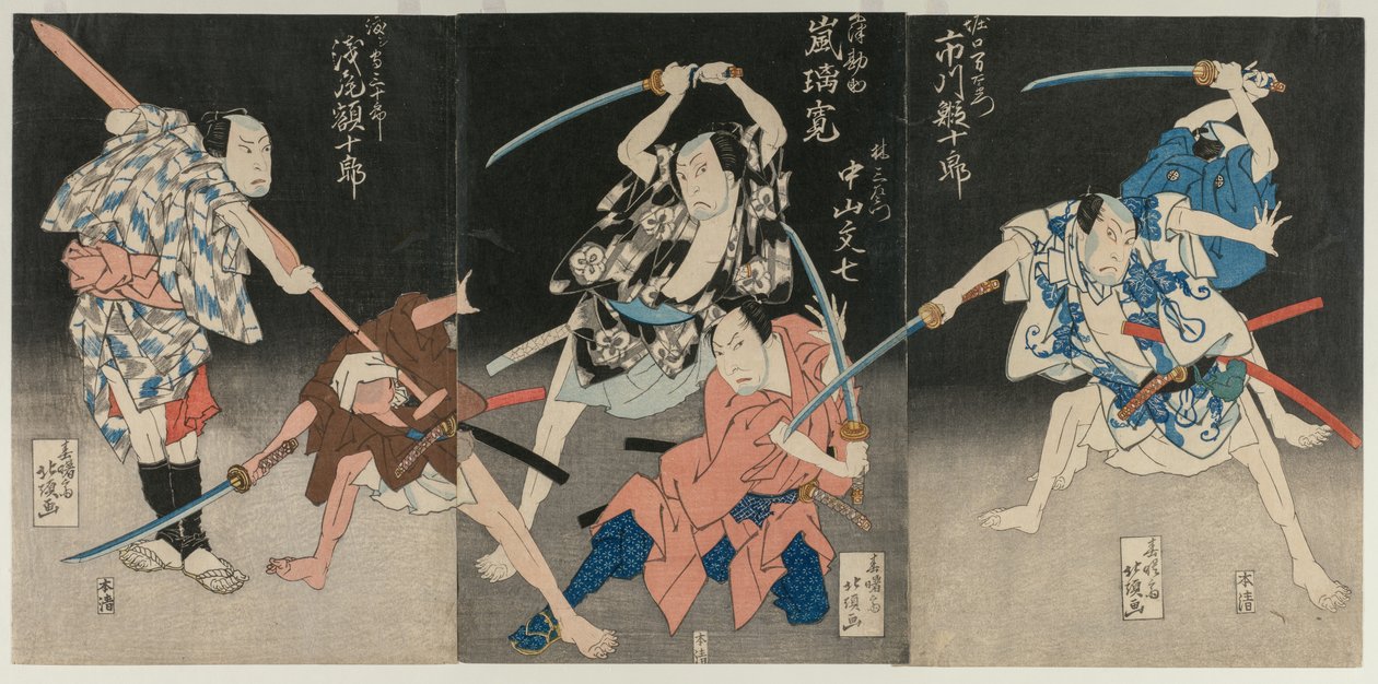 Asao Gaujuro مثل Boatman Sanjurol ، Nakayama Bunshichi مثل Hayashi Sanzemo ... ، 1829. بواسطة Shunshosai Hokucho