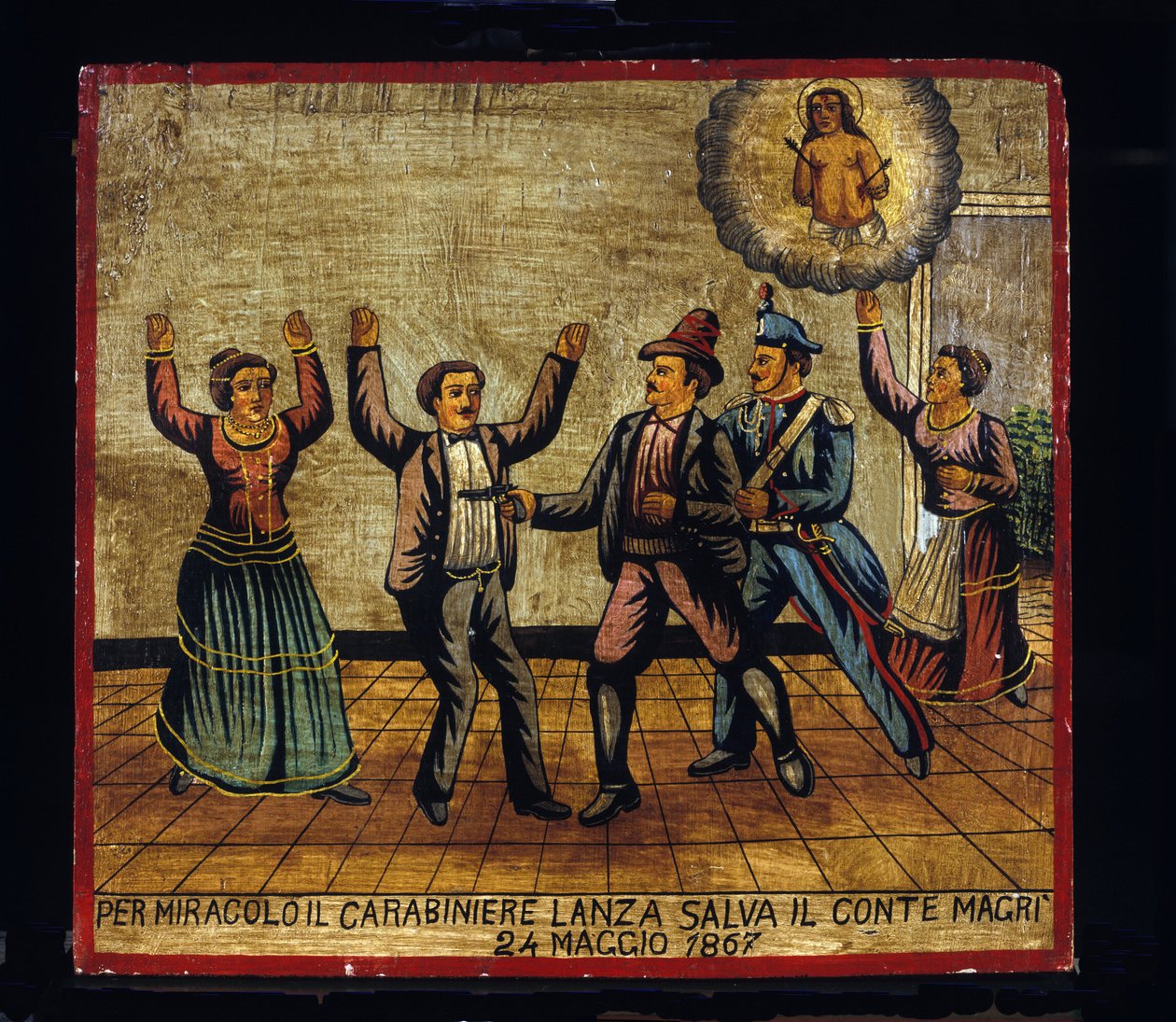 Ex-voto (ex voto) Sicilian: "" بالمعجزة ، ينقذ Carabinier Lanza الكونت ماجري في 24/05/1867 "". تمثيل لصوص (Brigantaggio): لص يهاجم مسدسه على الزوجين Magri بينما يفاجئه carabinier من الخلف. . بواسطة مدرسة صقلية