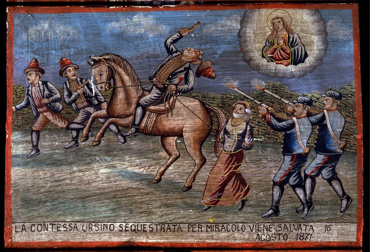 Ex-voto (ex voto) Sicilian: "" تم إنقاذ الكونتيسة المخطوفة Ursino بمعجزة في 16/08/1871 ". تمثيل لصوص (بريجانتاجيو): اللصوص الثلاثة يختطفون الكونتيسة بينما يطلق كارابينييري النار عليهم. . بواسطة مدرسة صقلية