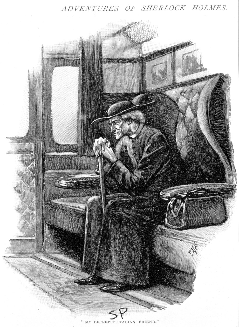آرثر كونان دويل The Adventure of the Final Problem Strand Magazine ، لندن ، 1893. رسمها Sidney E. Paget (1860-1908) ، أول فنان رسم هولمز. هولمز ، بصفته كاهنًا إيطاليًا قديمًا ، ينتظر قطار القارب ليخرج من محطة فيكتوريا بلندن. بواسطة سيدني باجيت