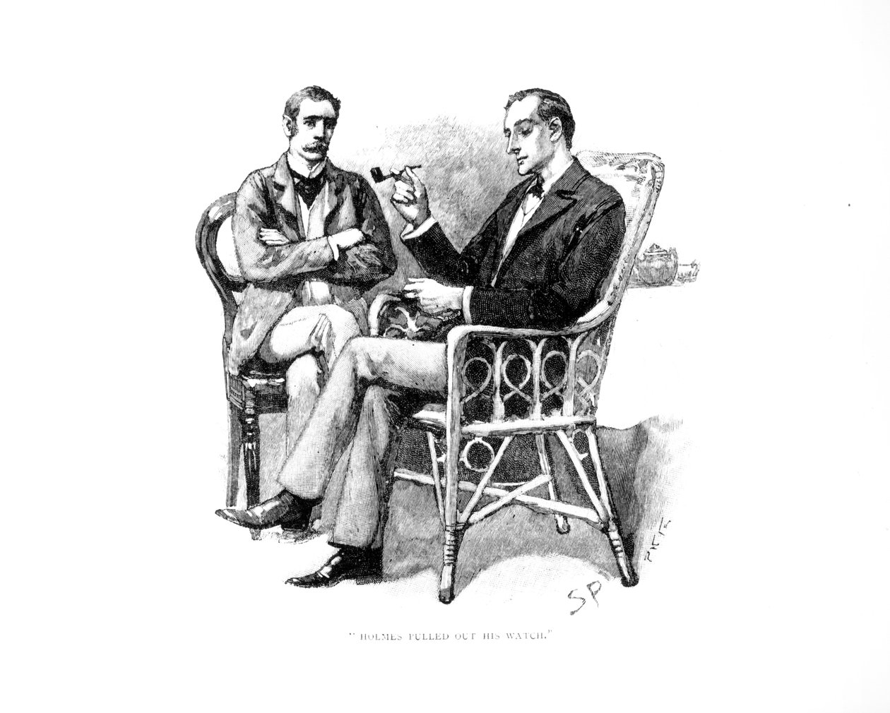 "هولمز أخرج ساعته" ، رسم توضيحي من "المترجم اليوناني" بقلم آرثر كونان دويل (1859-1930) ، نشر في مجلة ستراند ، سبتمبر 1893 بواسطة سيدني باجيت