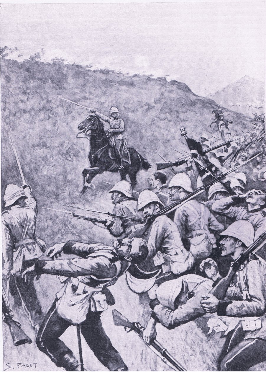 لانجس نيك ، 28 يناير 1881 (حرب البوير الأولى) ، رسم توضيحي من المعارك البريطانية في البر والبحر ، 1915 بواسطة سيدني باجيت